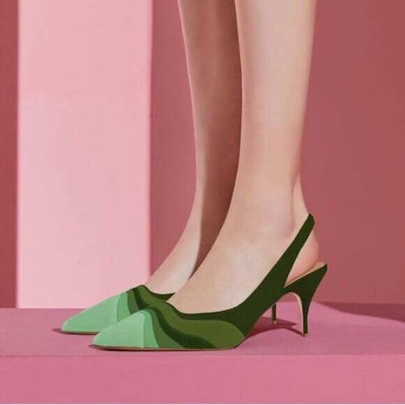 FOWT Mint Green Pointed Toe Slingback Rainbow Color Stripes Elastic Band Pumps - Picture 1 of 8